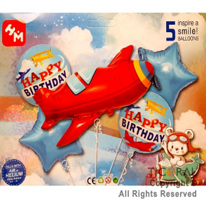 SET DE GLOBOS METALIZADO AVION HAPPY BIRTHDAY 5 UNIDADES X 1